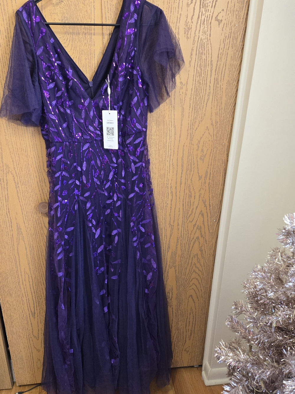 Ever Pretty Deep Purple V-Neck Embellished Tulle Maxi Dress